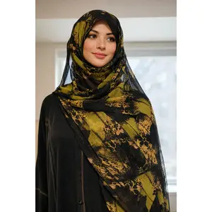 Elegant Geometric Print Chiffon Hijab – Mustard & Multicolor Square Design