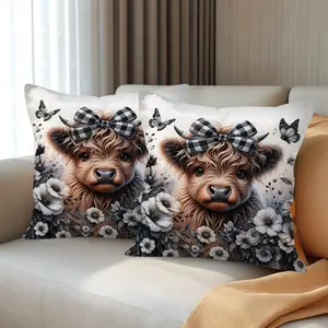 Highland Cow Pattern Decorative Pillow Cover, 2D Flat Print Zipper Cushion Case, Suitable for Living Room Bedroom Sofa Holiday Decoration