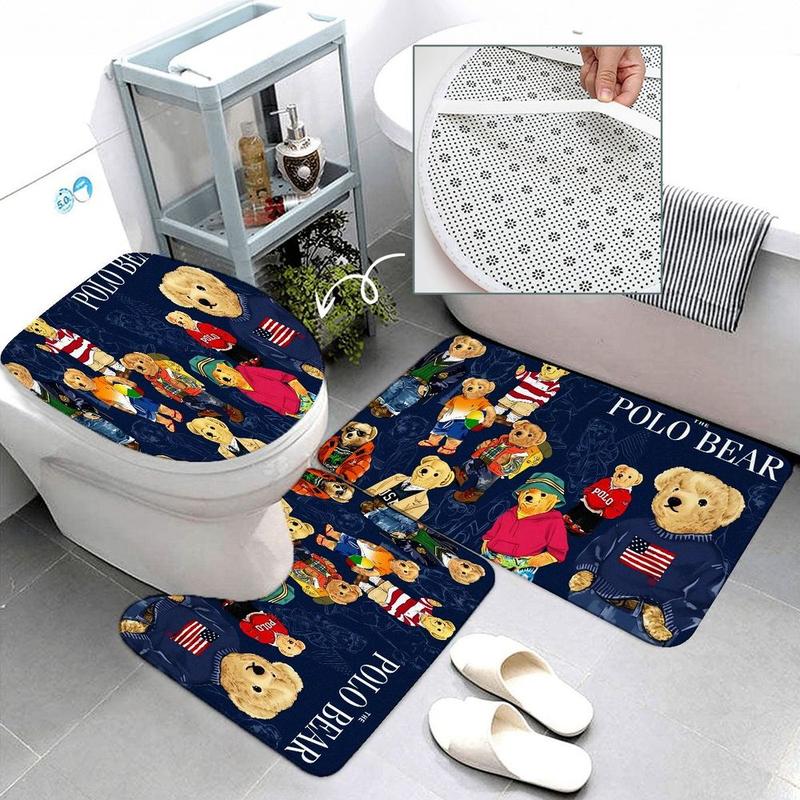 1/4pcs The Polo Bear Bathroom Set - Dark Blue Shower Curtain with Bear Illustrations (Striped Shirts, Casual Attire), Matching Toilet Seat Cover & Bath Mat, Home Decor for Playful Themed Bathrooms, Shower Curtain Sets