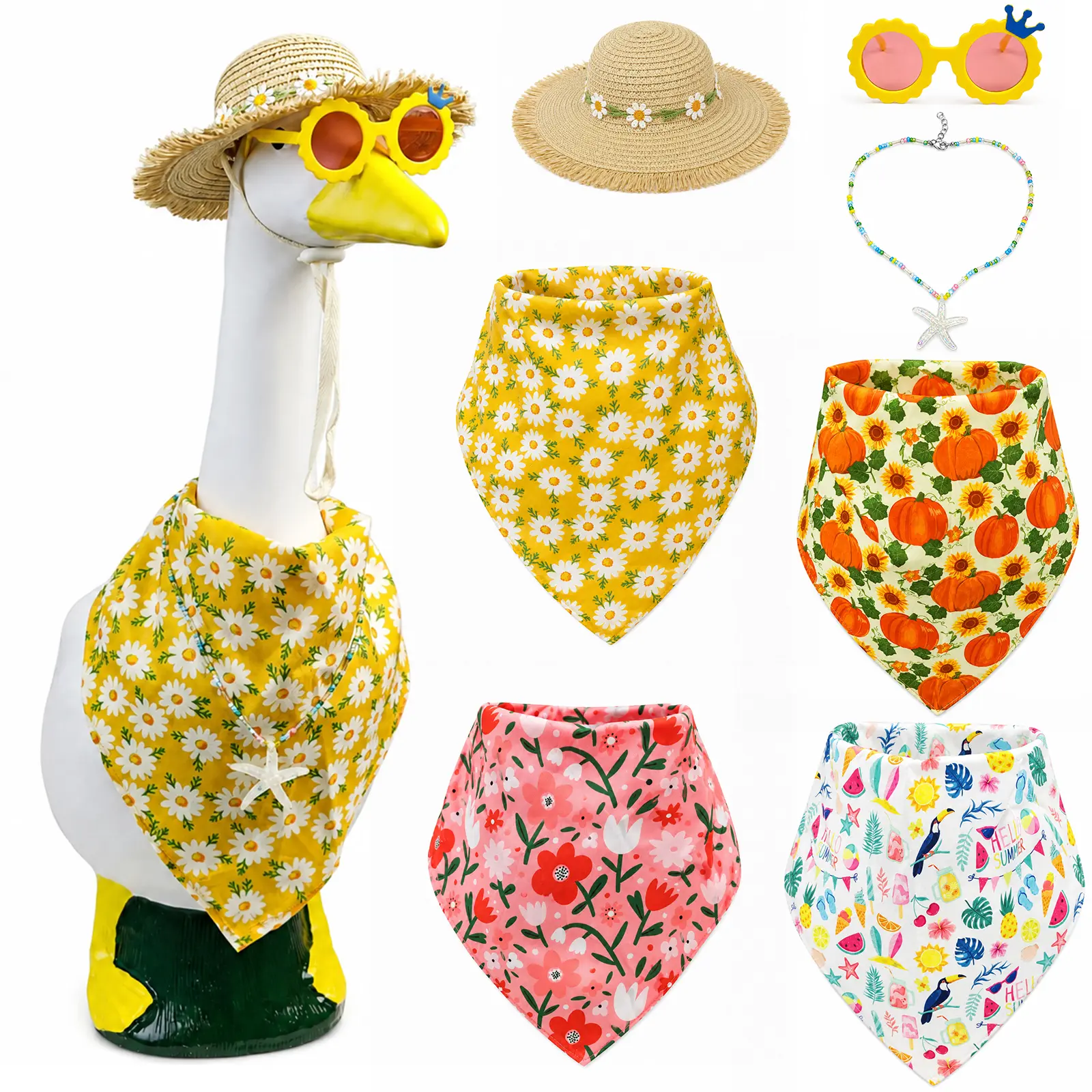 7-Piece Porch Goose Outfit with Sunglasses Straw Hat & Daisy Flower Compatible with 23" & 17" Lawn Goose Statues for Garden Yd Decor (Spring & Summer Use)