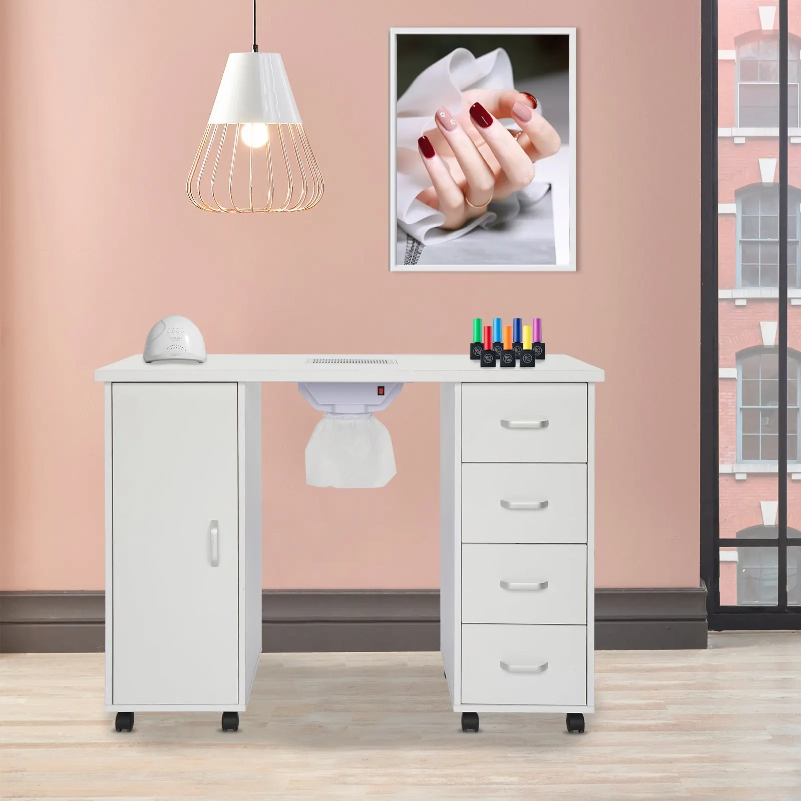 Commercial Salon Nail Tech Table Station for Manicure Shops - Rolling Storage Nail Tech Table with PVC Wheels, 4 Removable Drawers, Built-In Fan, Bright MDF Single Door, Easy-to-Clean White Particle Board Design, (42.91 x 17.72 x 31.5)", Rolling Manicure