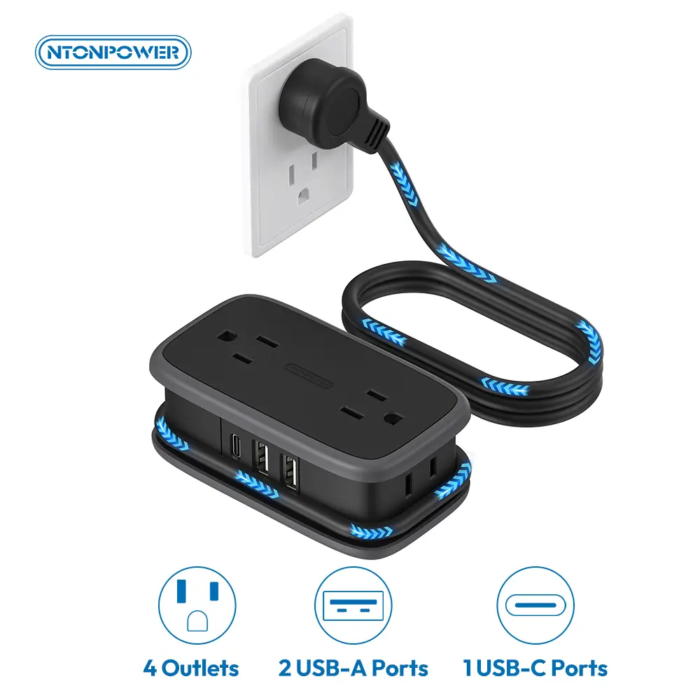 NTONPOWER Travel Power Strip with USB C Port, Flat Plug Extension Cord with 4 Outlets 3 USB (1 USB C) for Cruise Ship Essentials, 4ft Wrapped Short Ex
