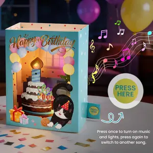 Blow Out Candle & Play Music Birthday Card | Funny 4D Pop-Up Cat Birthday Card, Unique Birthday Surprise Gift for Family Friends