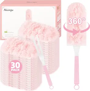 30-Pack Duster Refills with Handle – Compatible with Swiffer, 360° Microfiber Disposable Dusters for Multi-Surface Cleaning (Pink)
