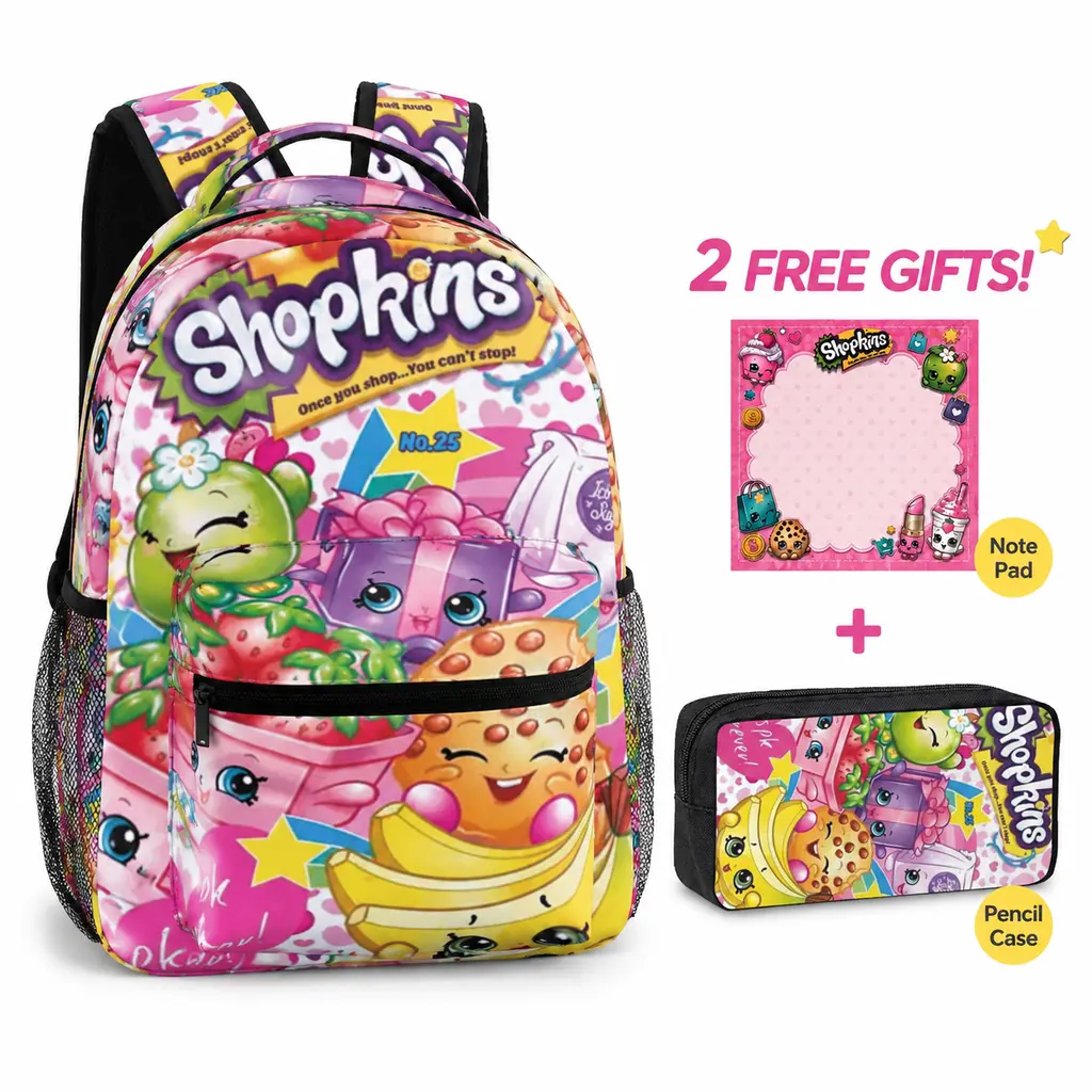 Shopkins Backpack Set for Boys Girls Teens, Cute Anime Graphic School Backpack with 1 pencil box and 1 Notebook, Cartoon Bookbag Set with Side Pockets for  Elementary Middle School  Travel