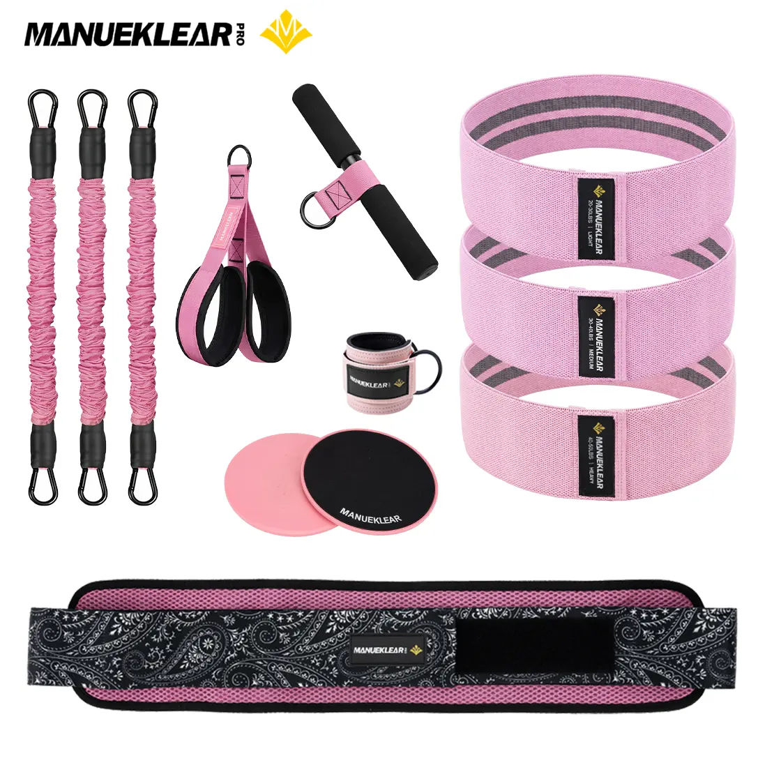 MANUEKLEAR 5 in 1 Set Workout Set, Upgraded 3-Tube Pedal Resistance Bands with Handles, Adjustable Tension Ropes for Sit-Up ABS Waist Arm Leg Training, Includes Hip Thrust Belt, Ankle Straps, Glute Bands, Sliding Discs, Home Fitness Equipment for Women