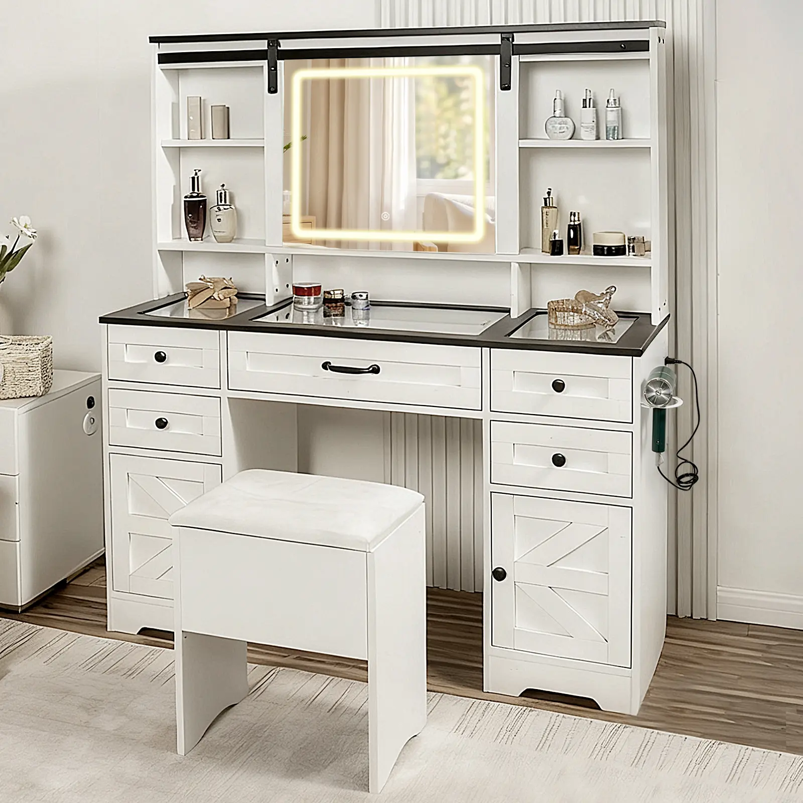 Modern LED Makeup Vanity Table, Glass Top Vanity with Sliding Barn Door, Outlet & Charging Station, 3-Color Lights, Multi-Drawer Organizer, Adjustable Storage Dresser for Bedroom