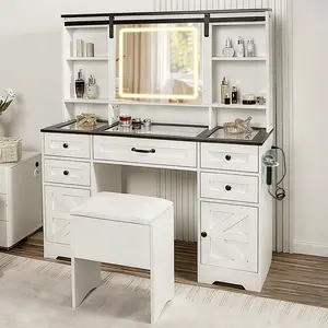 LED Vanity Table with Sliding Barn Door, Glass Top Makeup Desk with Outlet & Charging Station, 3-Color Lights, Multi-Drawer Organizer for Bedroom, Modern Adjustable Storage Dresser