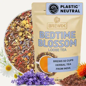 Brewix Bedtime Blossom Tea - India Herbal Loose Leaf Blend with Rooibos Lavender Chamomile & Licorice for 50 Cups Caffeine-Free Comfortable Nights Beverage
