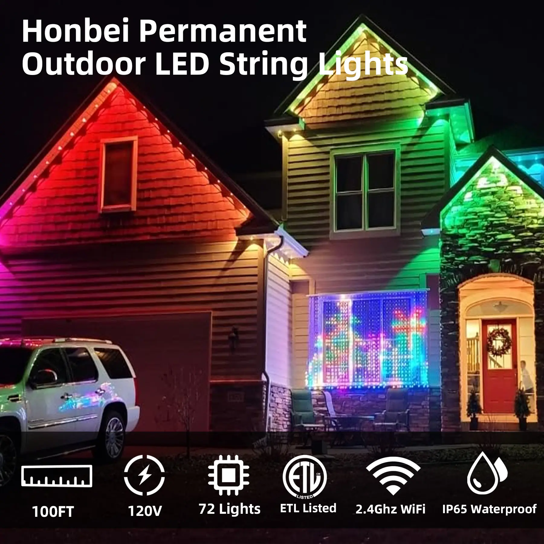 SEURON 100ft RGB Waterproof Programmable LED Eaves Light Strip - Wireless App Control, 72 Multi Mode, IP68 Rating, 16M Colors, Dimmable, Music Sync, for Christmas, Party Decor, RGB LED Lights, Programmable Led Light