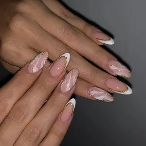 Full Coverage French Glitter Stripe Fake Nails, Removable 24pcs Long Almond Press-On Nails, DIY Acrylic Nails, Nail Art Design, Glitter Base French Tip, Glossy Finish