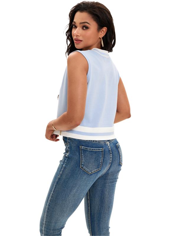 ATHLECHIC Women's Summer Crop Tops Knit Vest Color Block Sleeveless V Neck Tank Tops Loose Fit Tops Light Blue White
