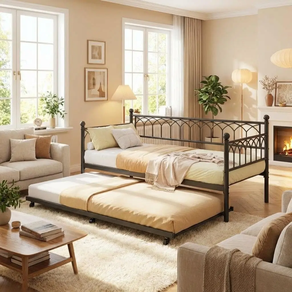 Garvee Twin Bed Combo with Smooth-Glide Trundle - Durable Metal Steel Frame, USB Port Charging Station, LED Lights, 6 Locking Caster Wheels, Easy Assembly, Black Furniture for Bedroom, Pull Out Bed for Living Room, Guest Room, Bedroom Decor, Smart Bed