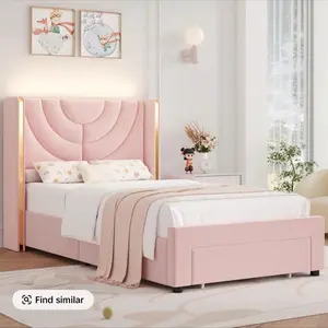 [No mattress] HOSTACK Upholstered LED Bed Frame with Storage Drawers, Wingback Headboard, Solid Wooden Slats Support, No Box Spring Needed, Headboard Splicing Design tiktokshopspringglowup