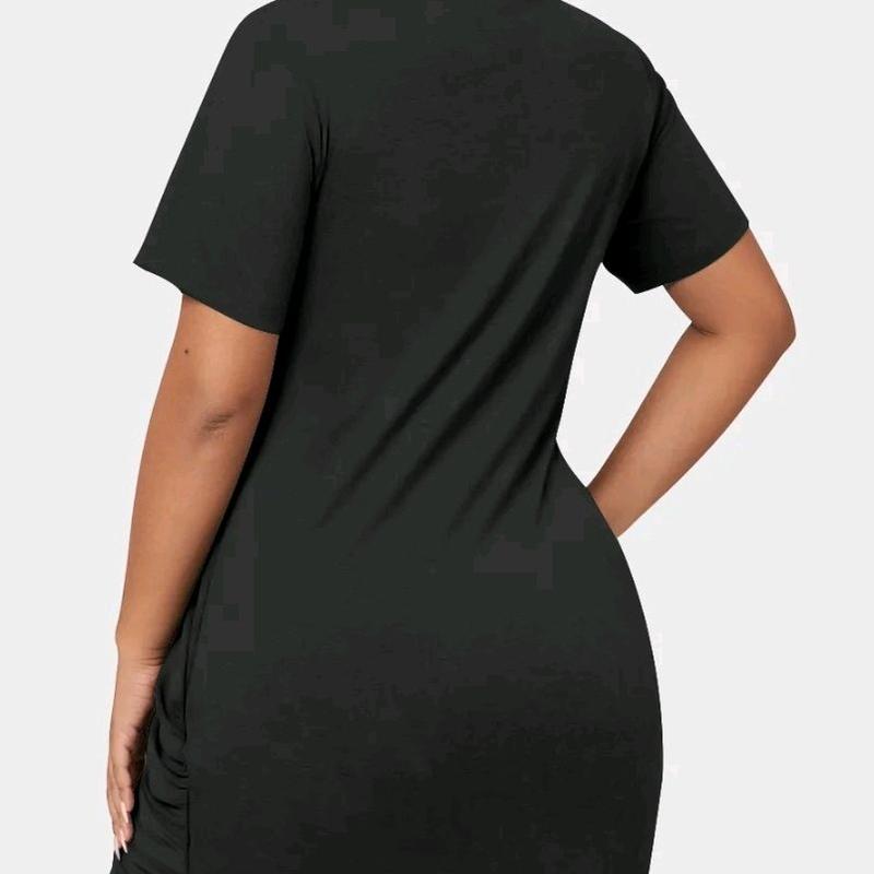 Love Me Ruched Tee Dress - Black Short Sleeve Crew Neck with "Carvelicious" Text Design for Women