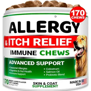 Dog Allergy Relief Chews - Dog Itching Skin Relief Treatment Pills - 170 Treats - Anti-Itch - Itchy and Paw Licking - Hot Spots -  3 Fish Oil - Dry Skin & Coat Supplement - Beef Liver Flavor