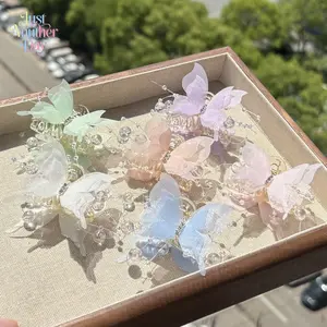 2pc Women's Fairy Butterfly Hair Claw Clips, Translucent Organza Butterfly Jaw Clips with Crystal & Pearl Accents, Elegant Princess Style Hair Accessories for Updos