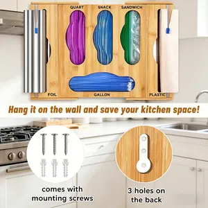 [HUOMAQFAN] Bamboo Kitchen Drawer Organizer - Ziplock Bag Dispenser with Cutter, Wall-Mount Baggie Holder for gal, qt, Snack Storage (Foil & Plastic Wrap Compatible)