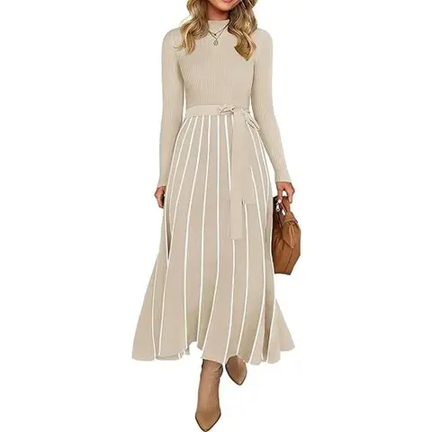 ZESICA Women's 2025 Fall Turtleneck Longsleeves Ribbed Knit Sweater Midi Dress - Tie Waist, Casual Loose A-Line, Cold Wash, for Casual Wear & Stylish Women's Dresses