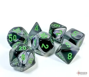 Gemini (Black-Grey/Green) Chessex Brand D&D/RPG Polyhedral Dice Set - 7 Dice with Clear Storage Case