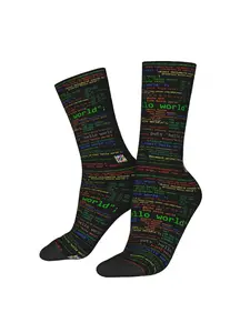 BIIHUDU Men'S Linux & Python Code Socks - Full-Body Programming Language Design (World; Hello World; print();) - Dark Green/Red - Tech Gift for Programmers, Developers - Durable Polyester Casual & Formal Wear - Novelty Computer Socks
