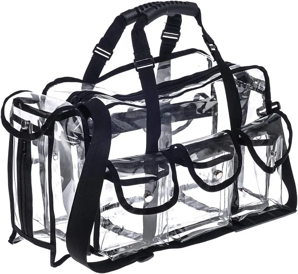 Professional Clear PVC Makeup Kits Organizer Make up Set Bag MUA Carry All Artist Transparent Vinyl Travel Cosmetic Bag with 6 External Pockets & Tissue Holder
