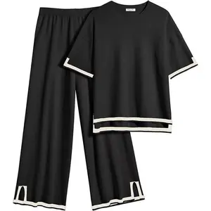 Women’s Lounge Set, 2-Piece Outfit: Knit Short-Sleeve Sweater and Wide-Leg Long Pants — Loungewear/Travel Outfit, Compatible with Raincoat