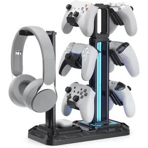 SQ-HPS011-GJ RGB Multi-Controller Holder with 9 Light Modes - Rotatable Universal Headphone Hanger - Controller Stand with 6 Detachable Hooks for Desktop Gamer Accessories
