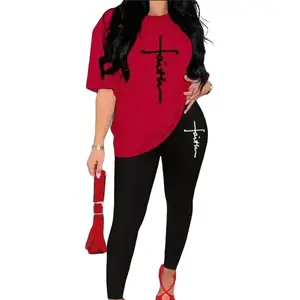 Chic Women's Alphabet Print T-Shirt & Leggings Set Casual Breathable Comfort Fabric