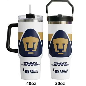 Pumas UNAM Style Tumbler 30oz 40oz, Mexico Soccer Fan Travel Mug with Handle & Straw, Insulated Stainless Steel Cup, Hot Cold Drinkware Gift