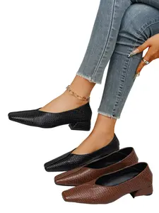 Trendy Woven Square Toe Low Heel Pumps 2026, Women's Textured V-Cut Slip-On Shoes, Lightweight for Vacation & Daily Commute