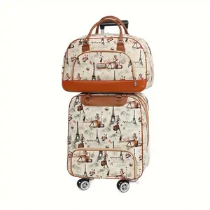2024 2pcs Foldable Trolley Bags, Portable Carry-on Luggage, Fashion Pattern Handbag With Trolley, Travel Bag, PU Travel Suitcase, Short Distance Travel Bag