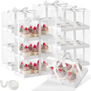 5.5inches height 8 Pack Clear Cupcake Boxes 6 Count Cupcake Containers with Gift Ribbon, Rectangle Cupcake Holder for Treats, Dessert, Muffins