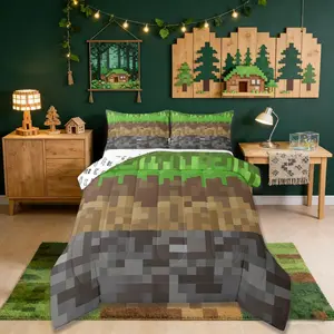 Miners Pixel Checked Kids Comforter Set,Video Games Check Lattice Bedding Set,Boys Room Decor,Game Cartoon Gamepad Quilt Comforter,Gray Green Brown Duvet Set,Bedroom Quilt Set
