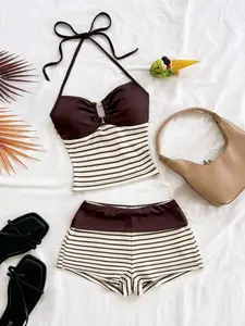 2-Piece Vacation Set, Striped Knit Top with Metal Buckle, Boho Style, Perfect for Parties, Dates, Nightclubs, Fall Fashion