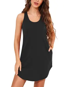 Women's Cotton Sleeveless Nightgown Racerback Tank Sleep Dress Sleepwear with Pockets