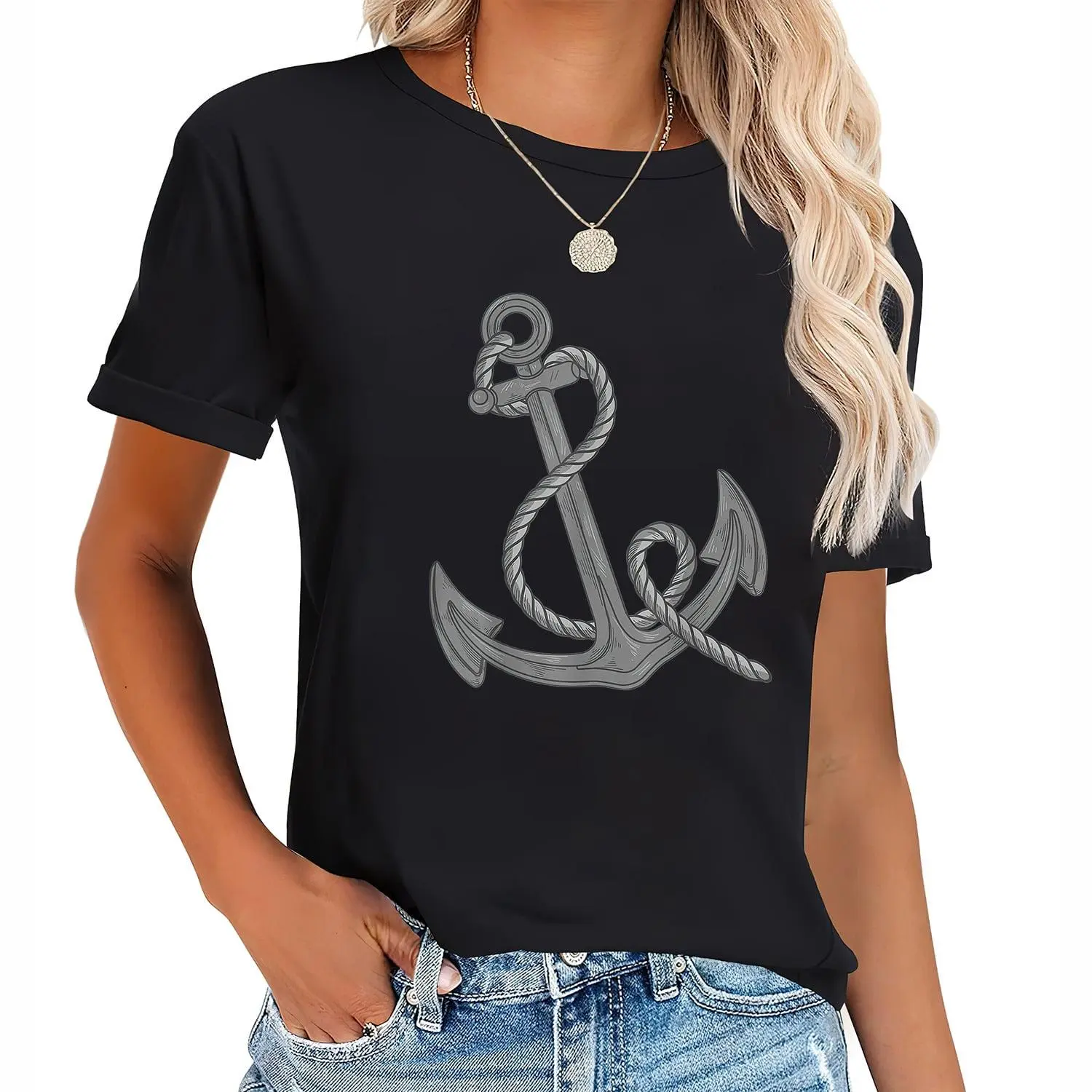Women's 100% Pure Cotton Short-Sleeve Crew Neck Vintage Nautical Anchor Motif T-Shirt - Flexible Fit Garment, Casual Retro Top for Outdoor Boating, Tropical Beach Activities, Machine Washable
