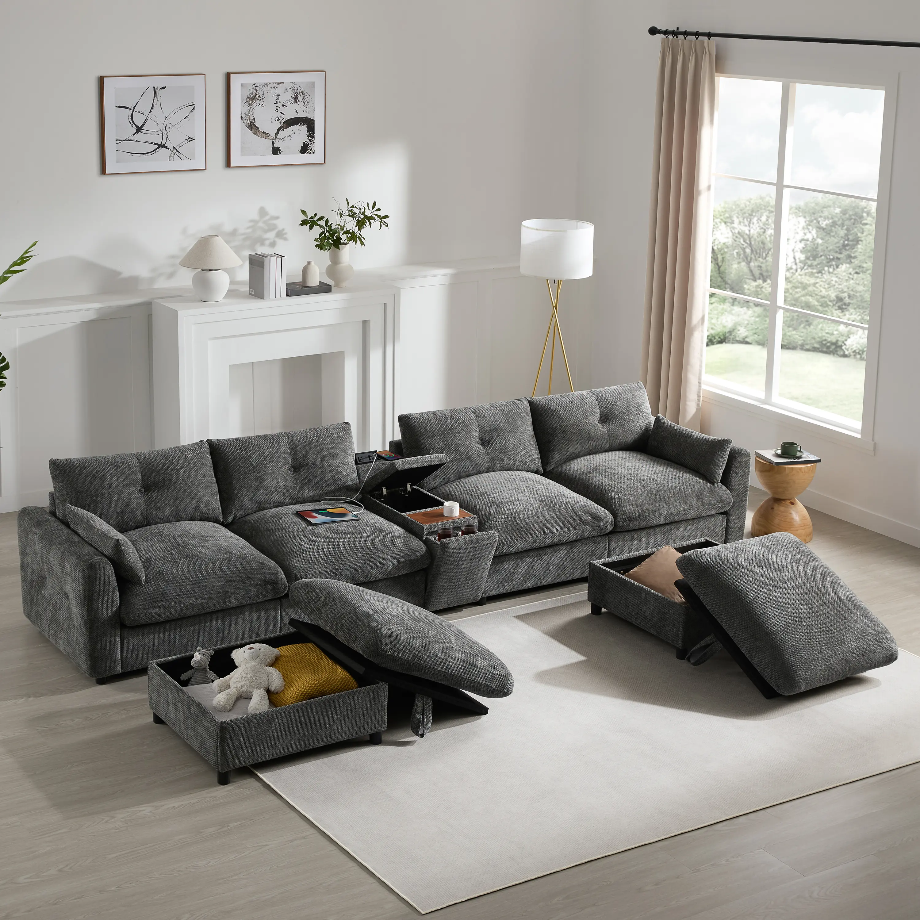 142" Modular U-Shaped Sectional Sofa with Movable Storage Ottoman & Console, 6-Seat Oversized Chenille Couch with Cup Holders & USB Charger, Wide Seat L-Shaped Corner Sofa for Living Room, Apartment, Family Room
