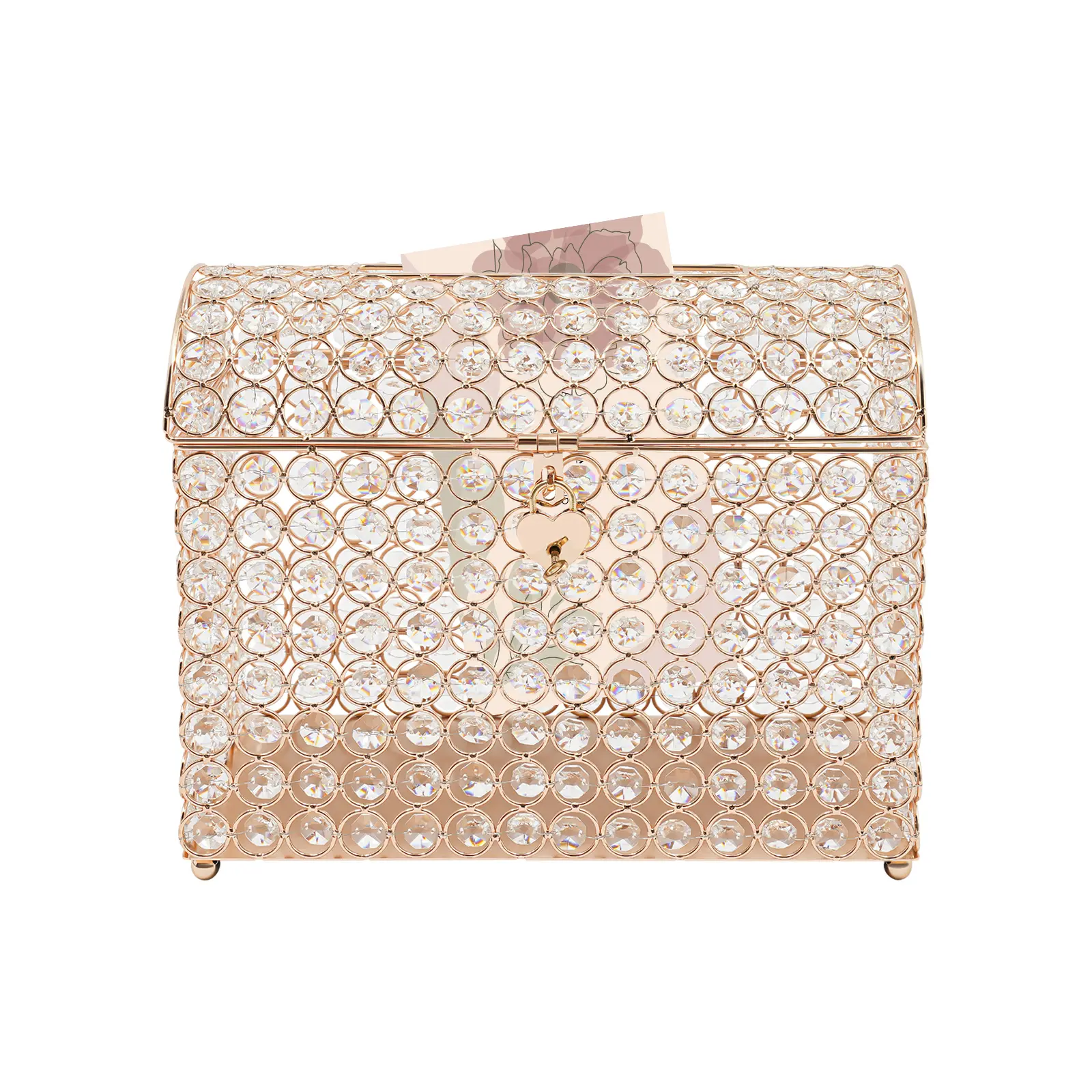Wedding Card Box with Heart Lock and Key Gold Glass Beads for Cards Invitations Money Storage 12 2 x 6 3 x 9 8 Inch Silver Iron Steel