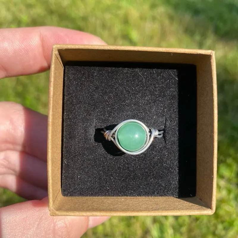 Handmade Green Aventurine Semiprecious Stone Stainless Steel Fidget Ring, Made in USA