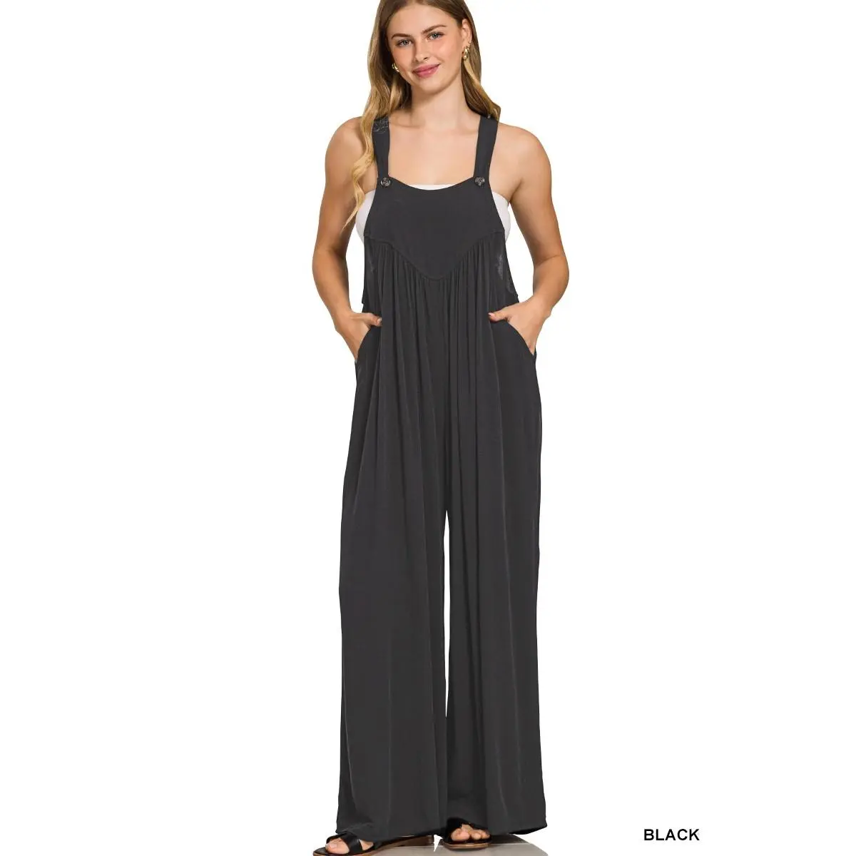 Zenana Woven Rayon Crepe Wide Leg Overalls