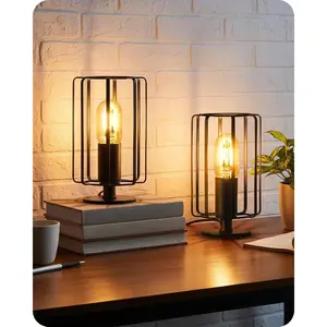 Industrial Table Lamp Set of 2, Small Bedside Lamp with Dimmable 2400K Warm Light LED Bulb,  Desk Lamp, Rustic Nightstand Lamp for Bedroom, Study, Office, Small Space, Black B05TLP205
