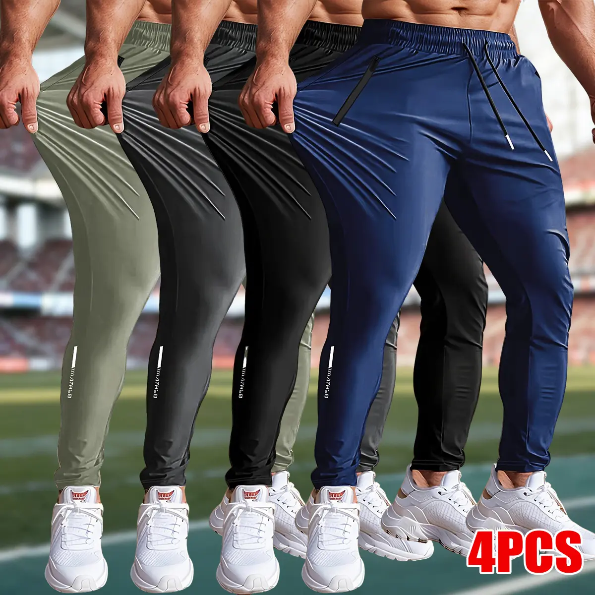 Men's 4-Piece Ice Nylon Quick-Dry Mid-Waist Elastic Form-Fit Body-Fitting Light Moisture-Resistant Long Pants with Hidden Zipper, Casual Sports Pants for Casual Wear, Outdoor Activities, Form-Fit Men's Pants, Body-Fitting Men's Pants