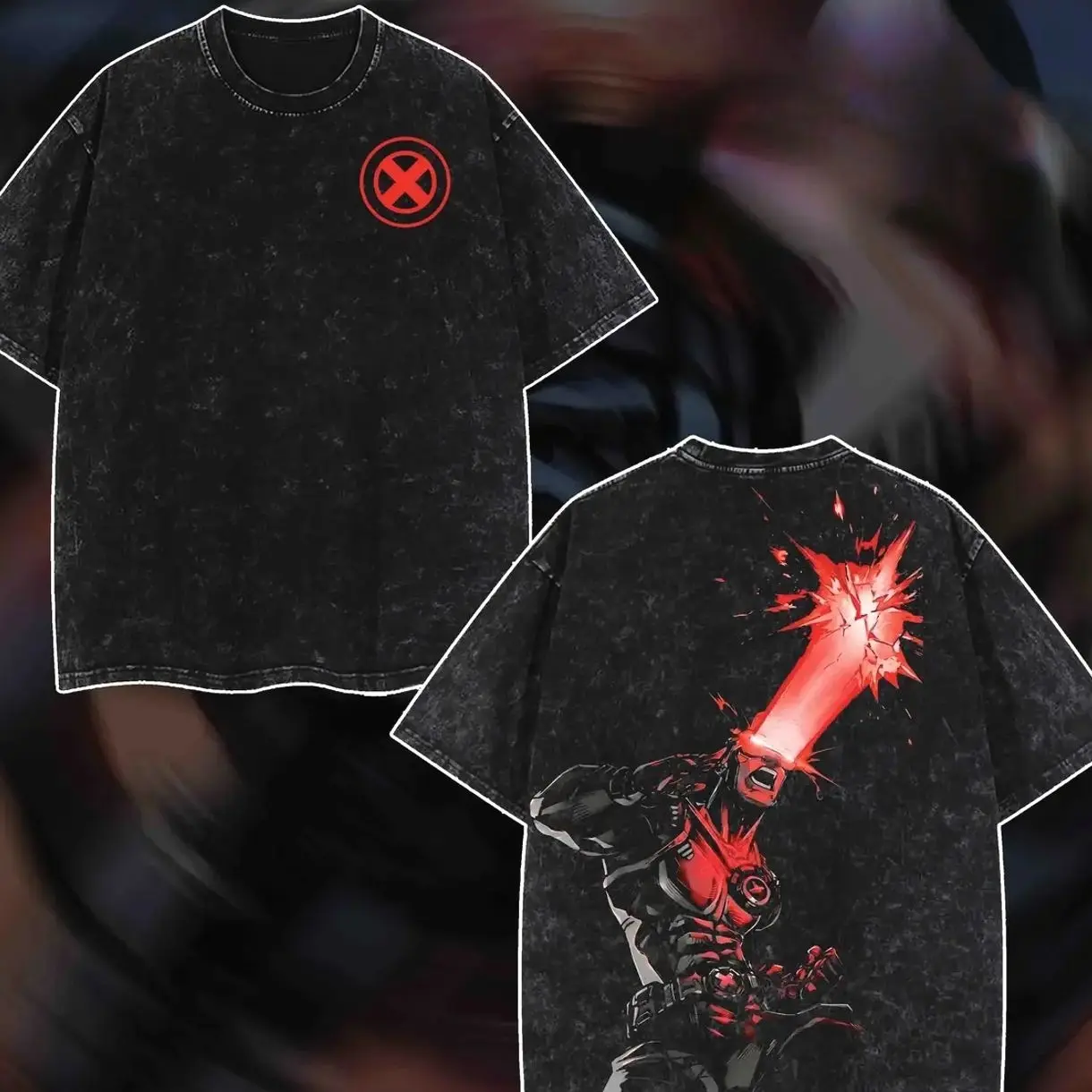 Retro Optic Blast Bold Red X-Men X Symbol Front Chest Print & Red Laser Beam Blast Cyclops Hero Back Graphic Dual-Sided Vintage Black T-Shirt, Unisex Oversized Heavyweight Cotton Streetwear Top 5WQ