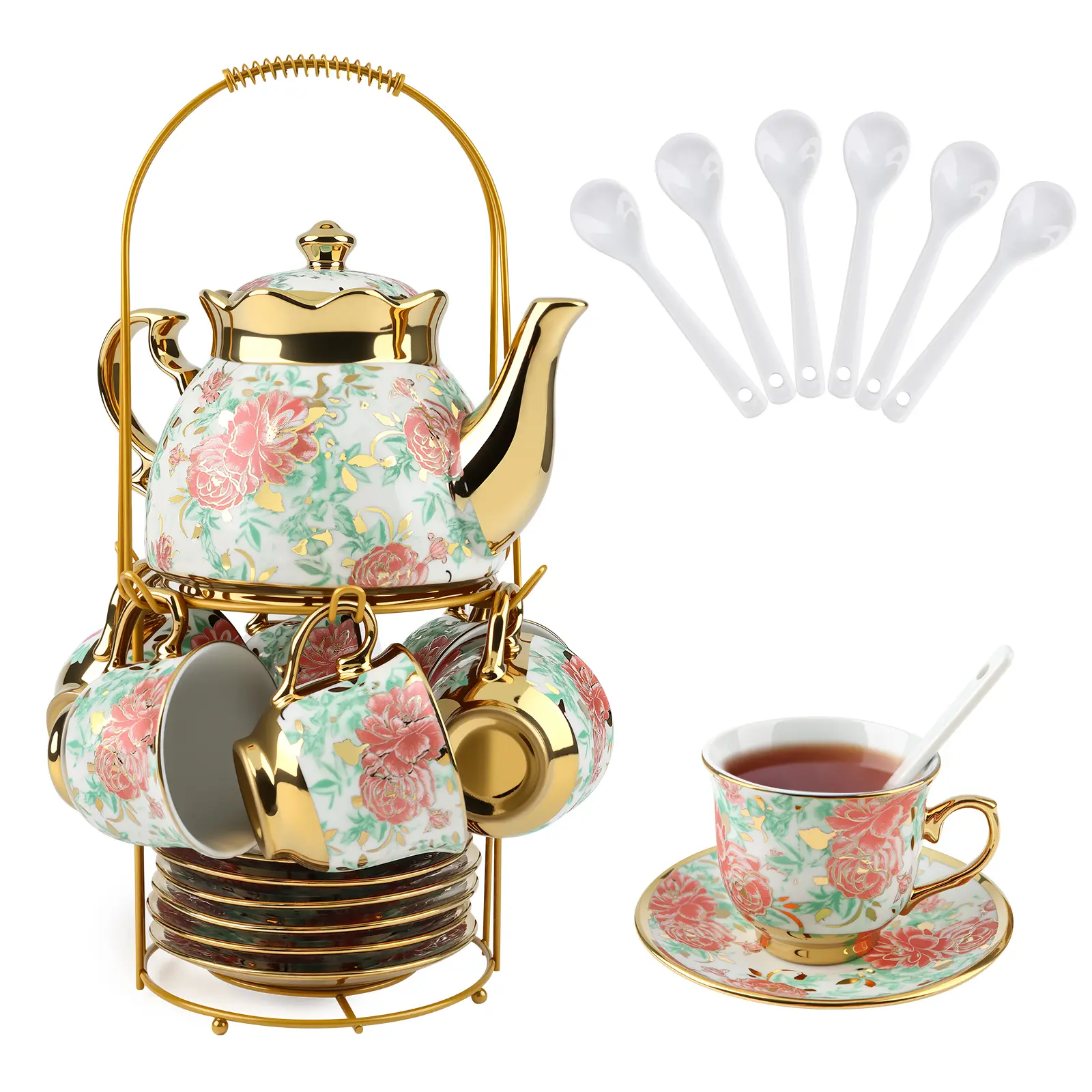 20 Pcs Porcelain Tea Set with Metal Holder, Adult Tea Set Gift, European Ceramic Tea Set for Adults, Flower Tea Cup Saucer Set for Party With Gold Flower Painting