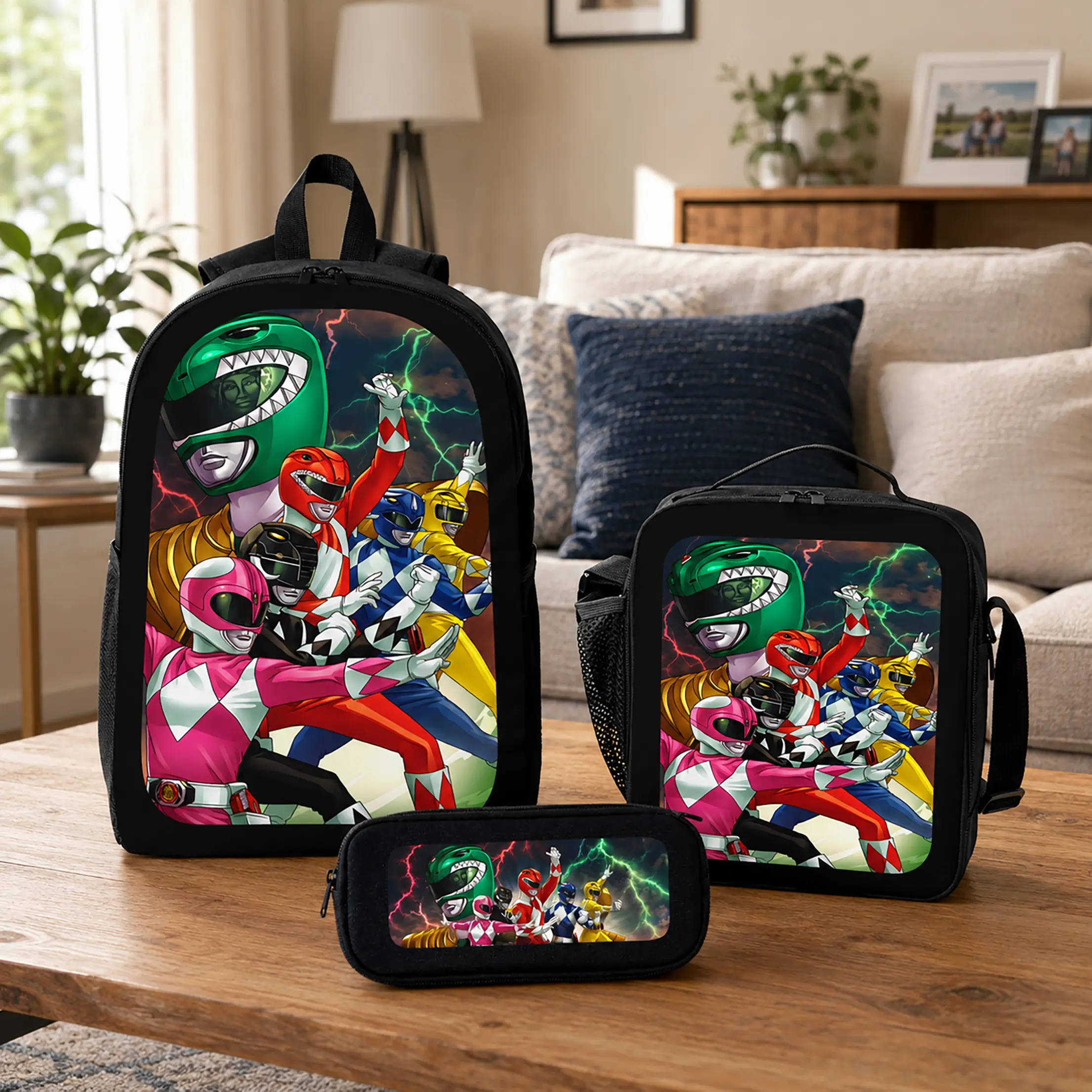 3-Piece Polyester Backpack Set for Boys, Vibrant Anime Style Hero Graphic School/Travel Bag with Insulated Lunch Bag & Pencil Case, Back To School Haul, Swag Backpacks, Adjustable Straps, Action Artwork, Hero Fan Gift, Bold Power Ranger, 3 Piece School Se