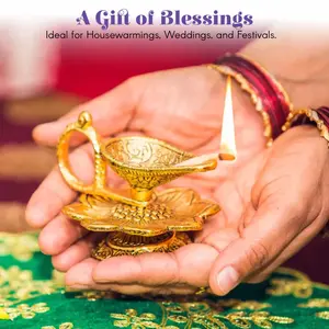 LoveNspire Traditional Religious Brass Diya - Cotton Wick Pooja Oil Lamp with Aluminium Accents, Brass Finish, Lotus Motif Ornaments, Home Temple Decor, Ideal Diwali Spiritual Gift
