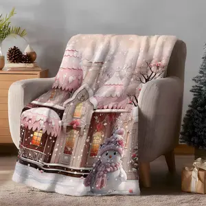 Christmas Pink Snowman Castle Throw Blanket Warm Cozy Blankets,Lightweight Soft Blanket for Couch Sofa Bed Outdoor, Winter Snowflake Snowscape