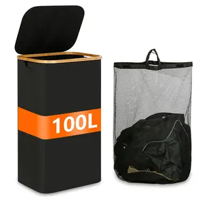 100L Oxford Fabric Dirty Clothes Basket, Large Size with Cover and Handle, Bamboo Handle and Detachable Inner Bag, Ideal for Bedroom Bathroom Dorm Laundry Room, Dirty Clothes Hamper