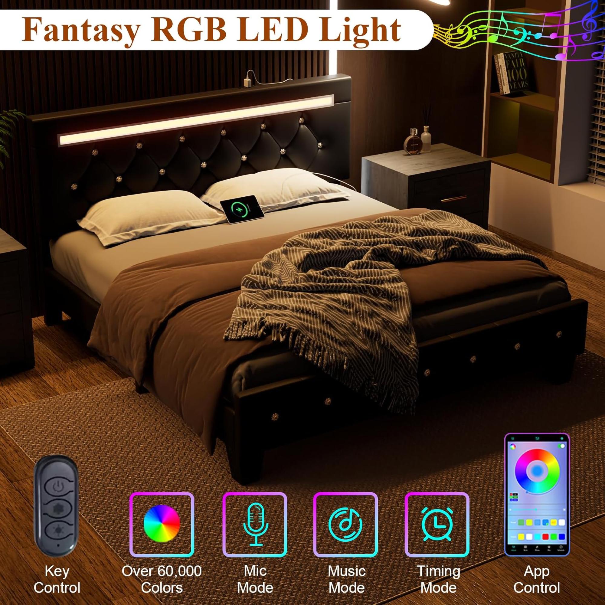 Queen Size Modern Platform Bedframe - Faux Leather Contemporary Upholstered Bedframe with RGB LED Light Headboard, Crystal Button Tufting, Adjustable Headboard, USB Port Charging Station, Sturdy Wood Slats, Hidden Storage, No Box Spring Needed, Black